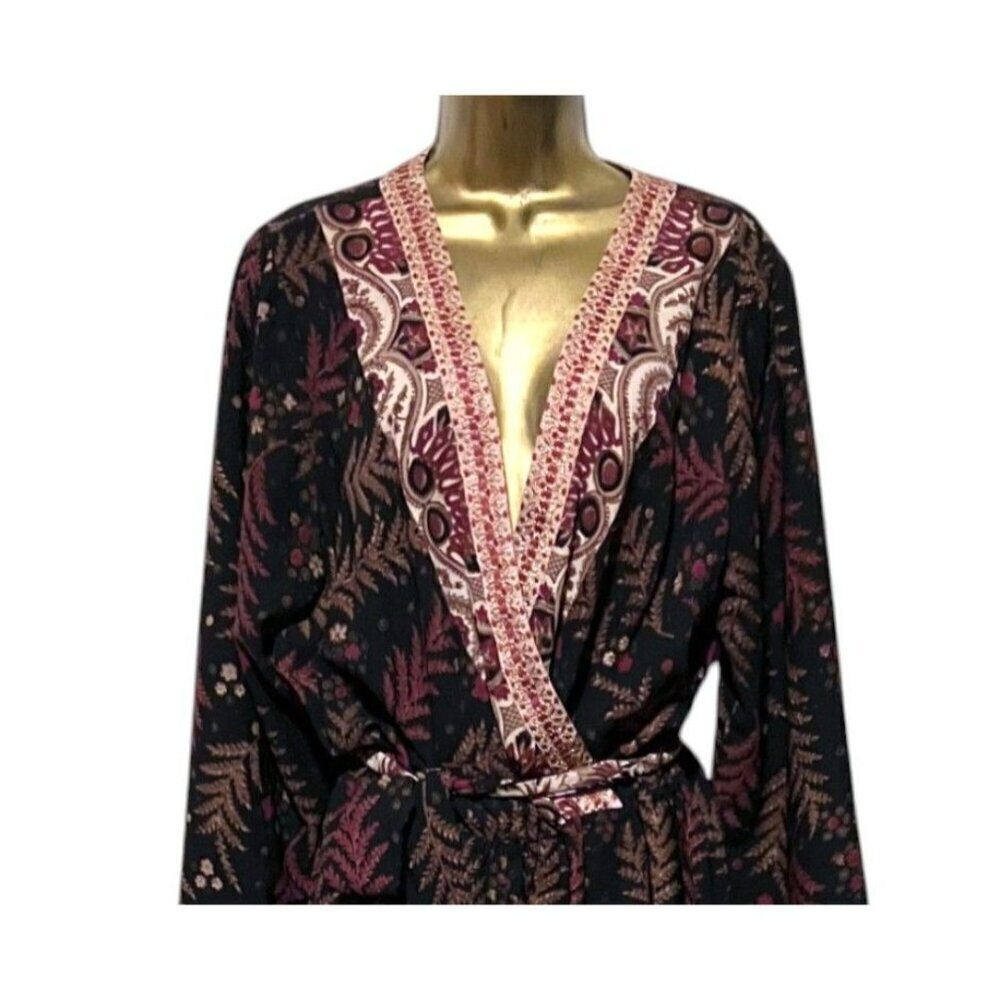 One September Jumpsuit XL Wide Leg Wrap Bodice Embroidered Black Burgundy Resort - Picture 4 of 12